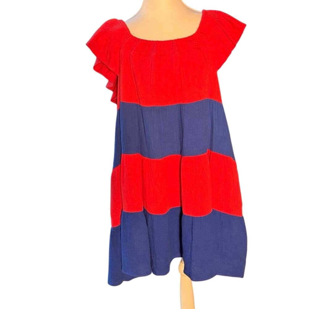 Hudson Gray Americana Large Red Blue Colorblock Cotton Coastal Swing Tent Dress